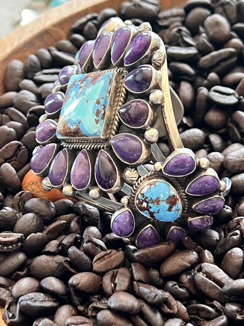Handcrafted Sterling Silver, Charoite and Golden Hills Turquoise Cluster Cuff Bracelet by Tyler Brown /