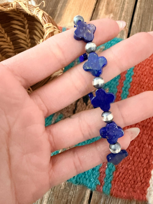 Handcrafted Lapis & Sterling Silver Pearl Cross Beaded Stretch Bracelet