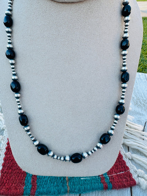 Sterling Silver Pearl & Onyx Beaded 20” Necklace