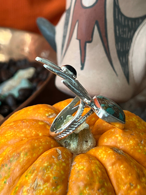 Handcrafted Sterling Silver, Turquoise and Black Onyx Hand Ring by Jay Coriz, Size 8