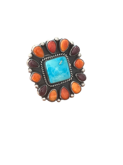 Navajo Electric Rainbow Turquoise and Spiny Oyster Ring by Angela Martin and Bernyse Chavez, Size 9