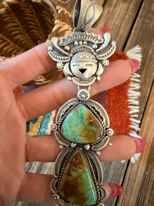 Handcrafted Sterling Silver and Number 8 Turquoise Kachina Pendant by Ronald Tom