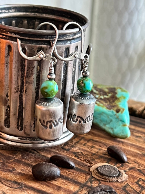 Handcrafted Sterling Silver Stamped Barrel & Sonoran Turquoise Bead Earrings
