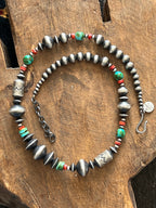 Navajo Made Electric Rainbow Sterling Silver, Turquoise and Spiny Oyster Single Strand Beaded Necklace by Rose Martin, 20 + 2 Inches