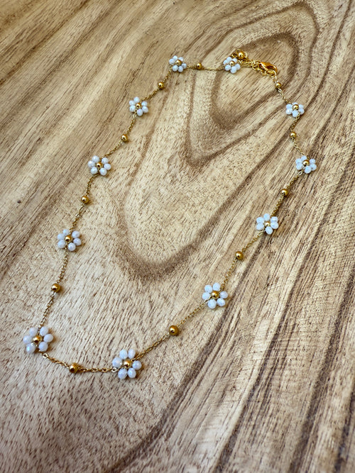 “The Golden Collection” White Beaded Gold Plated Flower Necklace