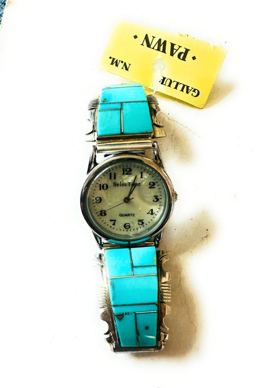 Handcrafted Old Pawn Vintage Turquoise & Sterling Silver Inlay Watch