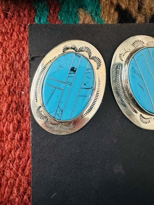 Handcrafted Old Pawn Sterling Silver & Turquoise Inlay Post Earrings
