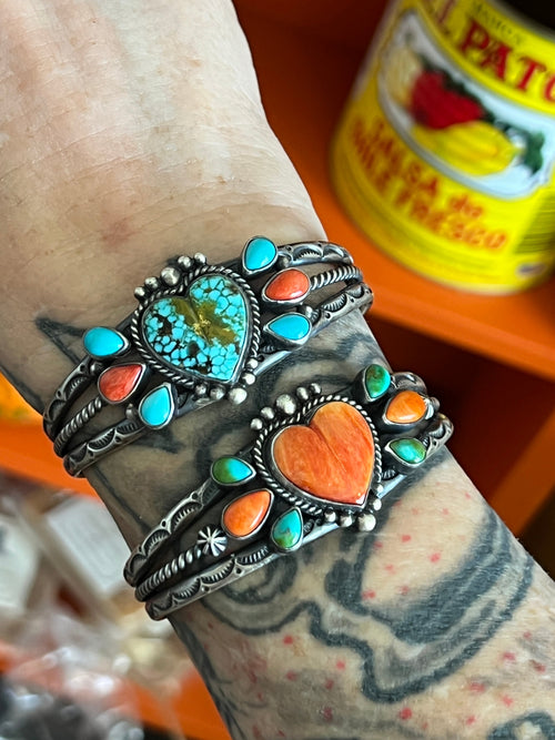 Handcrafted Split Sterling Silver, Sonoran Turquoise & Spiny Oyster Heart Cuff Bracelet by Diane Wylie