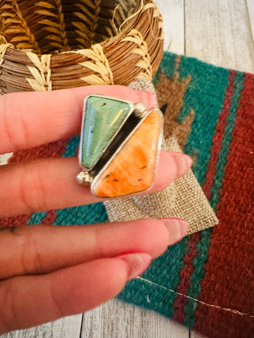 Old Pawn Navajo Sterling Silver, Turquoise & Spiny Adjustable Ring