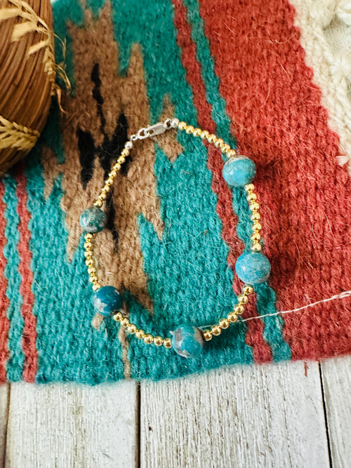 Handcrafted Gold Plated Sterling Silver Pearl & Turquoise Beaded Bracelet