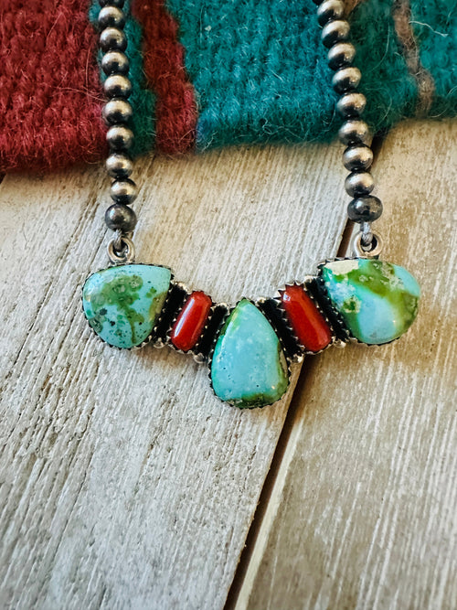 ** Christmas Collection ** Handmade Sterling Silver, Turquoise & Coral Necklace Signed Nizhoni