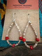 Handcrafted Heishi Shell & Coral Beaded Dangle Hoop Earrings