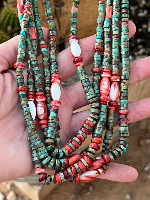 Stunning Santo Domingo Made Five Strand Hubei Turquoise and Spiny Oyster Shell Beaded Necklace with Squaw Wrap