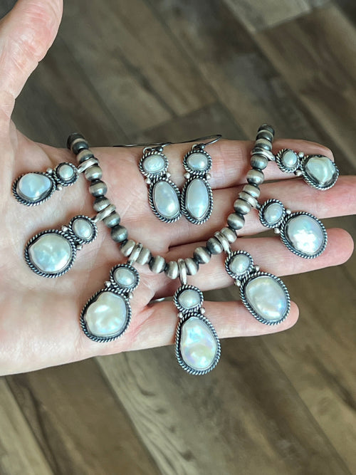 Handcrafted Sterling Silver and Freshwater Pearl Beaded Necklace & Earrings Set by Loretta Delgarito