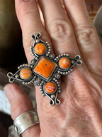 Apache Sterling Silver and Orange Spiny Oyster Shell 4 Direction Ring by Rosella Paxson, Size 10