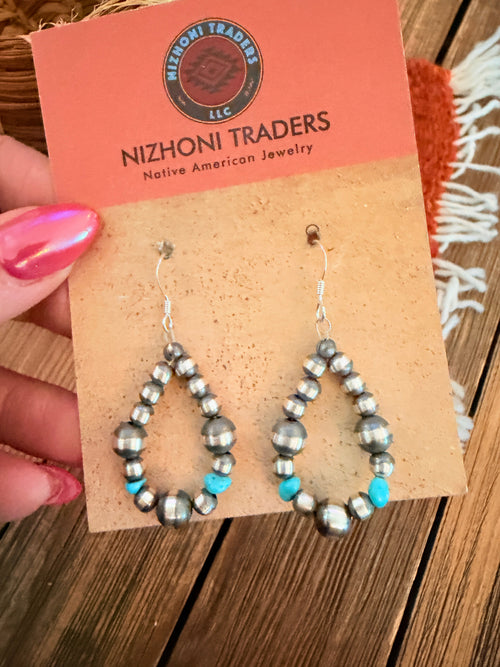 Handcrafted Turquoise & Sterling Silver Pearl Beaded Dangle Hoop Earrings