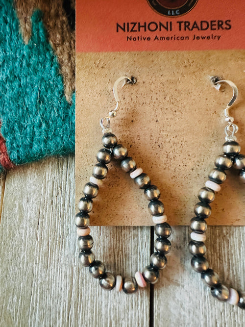 Handcrafted Queen Pink Conch & Sterling Silver Pearl Beaded Hoop Earrings