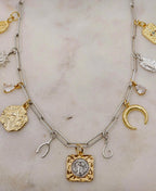 Signs and Symbols Mixed Metals Sterling Silver Charm Necklace