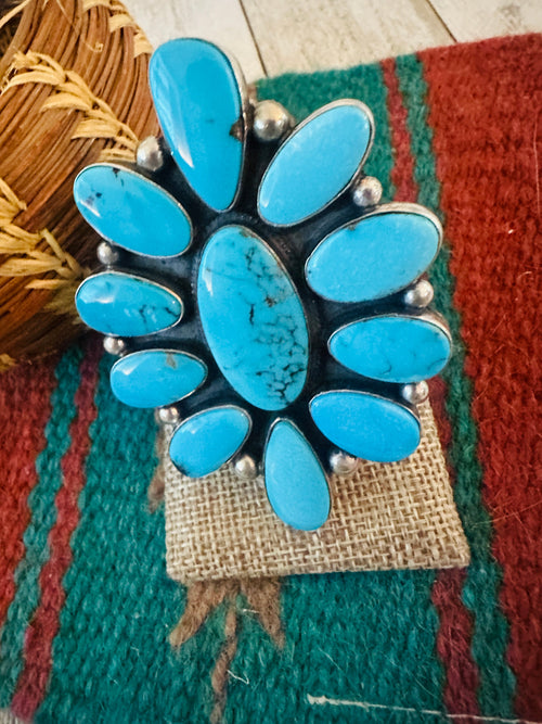 Old Pawn Navajo Sterling Silver & Turquoise Cluster Ring Size 9 by Andy Cadman