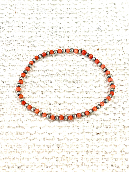 ** 4TH OF JULY ** Handmade Sterling Silver & Coral Beaded Bracelet with Signed Nizhoni