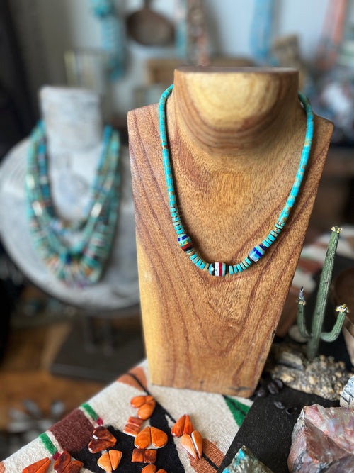 Ronald Chavez Handcrafted Turquoise Beaded Santo Domingo Necklace with Layered Bead Accents