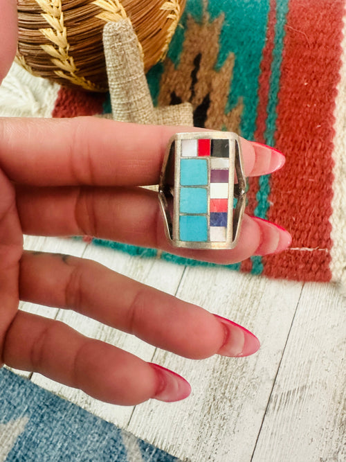 Old Pawn Navajo Sterling Silver & Multi Stone Inlay Ring Size 6
