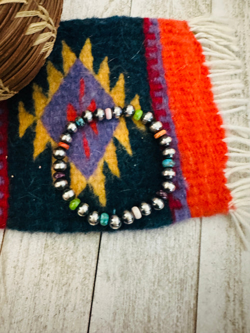 Handcrafted Multi Stone & Sterling Silver Pearl Beaded Stretch Bracelet