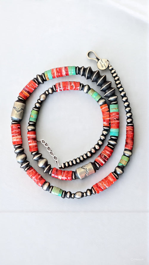 Navajo Electric Rainbow Sterling Silver, Turquoise and Spiny Oyster Single Strand Beaded Necklace by Rose Martin, 26 + 2 Inches