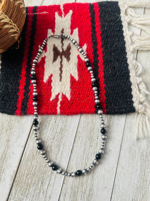 Handcrafted Sterling Silver Pearl & Onyx Beaded 16” Necklace