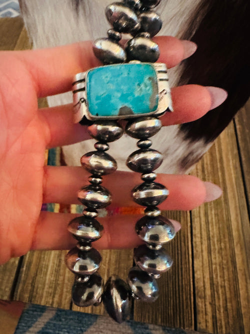 Handcrafted Turquoise & Sterling Silver Beaded Double Sided Jacla Necklace