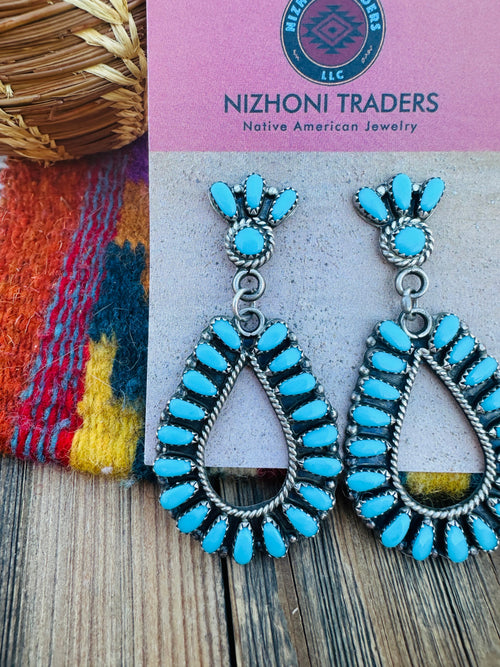 Handcrafted Old Pawn Sterling Silver & Turquoise Cluster Dangle Earrings
