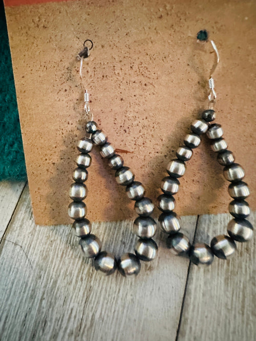 Navajo Sterling Silver Pearl Beaded Dangle Hoop Earrings