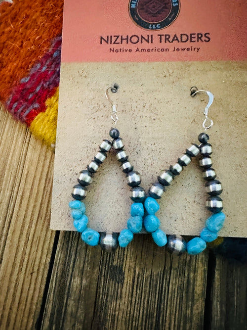 Handcrafted Turquoise & Sterling Silver Pearl Beaded Dangle Hoop Earrings