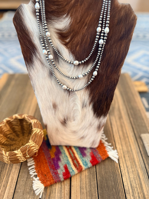 Handcrafted Mother of Pearl and Sterling Silver Pearl Beaded Necklace