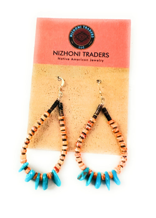 Handcrafted Turquoise, Spiny & Heishi Beaded Hoop Earrings