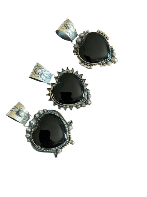 Apache Sterling Silver and Black Onyx Heart Pendants by Rosella Paxson