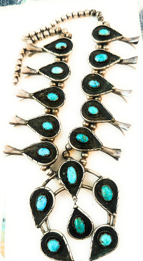 Vintage Old Pawn Turquoise & Sterling Silver Beaded Squash Blossom Necklace