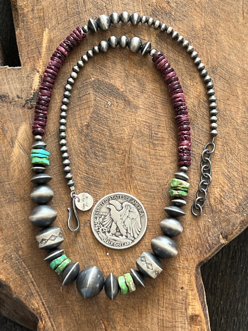 Navajo Made Electric Rainbow Sterling Silver, Turquoise and Spiny Oyster Single Strand Beaded Necklace by Rose Martin, 22 + 2 Inches