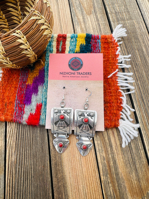 Old Pawn Vintage Handcrafted Coral & Sterling Silver Thunderbird Dangle Earrings