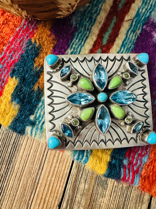 Handcrafted Vintage Old Pawn Multi Stone & Sterling Silver Belt Buckle