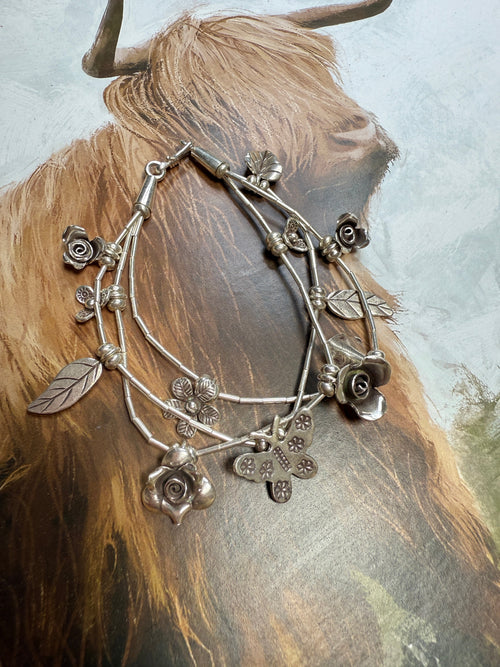 Handmade Sterling Silver Butterfly Flower Bracelet