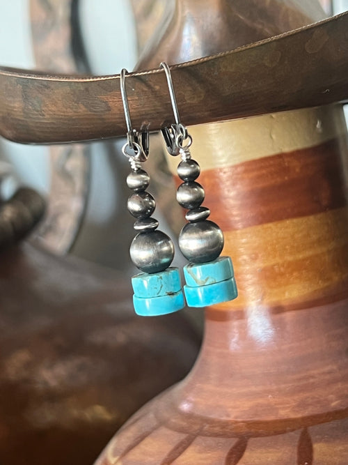 Navajo Made Sterling Silver Summer Lovin’ Kingman Turquoise Heishi Beaded Drop Earrings, Leverback