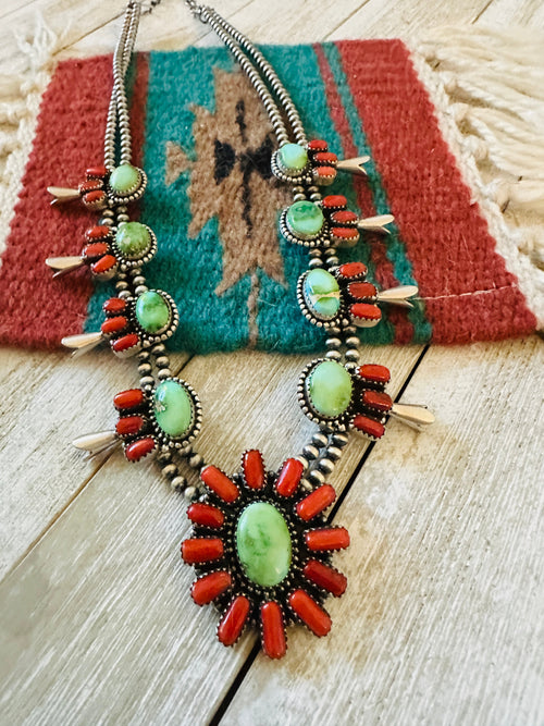 ** Christmas Collection ** Handmade Sterling Silver, Turquoise & Coral Necklace Signed Nizhoni