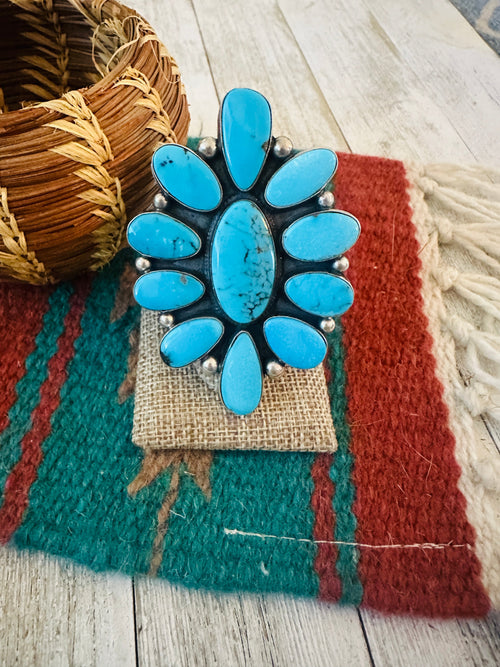 Old Pawn Navajo Sterling Silver & Turquoise Cluster Ring Size 9 by Andy Cadman