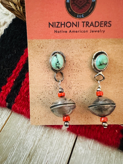 Handcrafted Turquoise, Coral & Sterling Silver Beaded Dangle Earrings