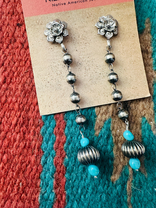 Navajo Turquoise & Sterling Silver Beaded Flower Dangle Earrings