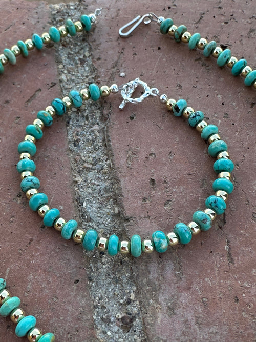 Gilded Sky Turquoise, Gold & Sterling Silver Beaded Necklace and Bracelets