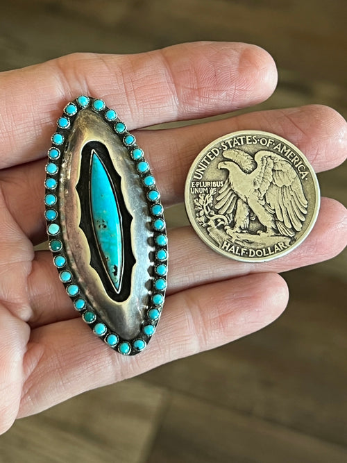 Old Pawn Sterling Silver and Turquoise Shadowbox Ring Signed LM