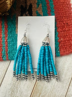 Handcrafted Turquoise & Sterling Silver Pearl Beaded Tassel Dangle Earrings