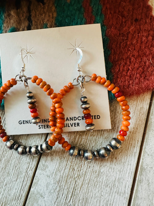 Navajo Orange Spiny & Sterling Silver Pearl Beaded Hoop Earrings